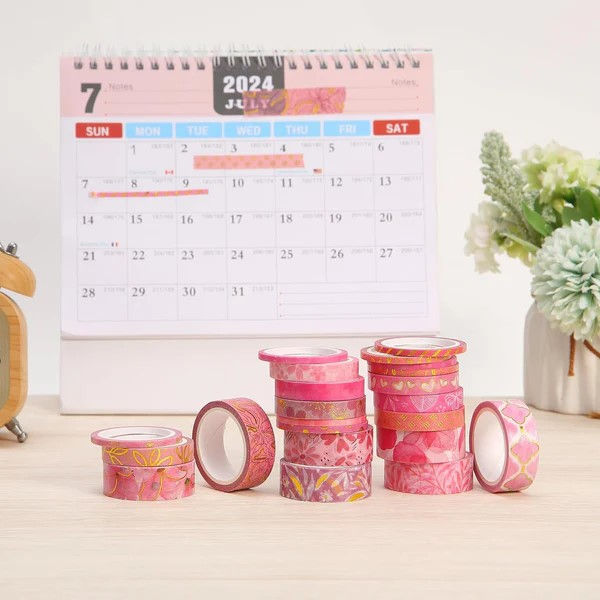 Thumbnail: Washi Tape Set, 21 Rolls, Floral Pink, Decorative Tape with Measure Tape