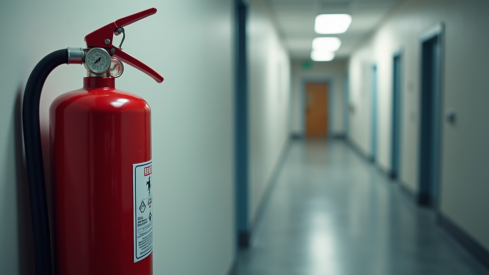 Eye-level view of a fire extinguisher mounted on a wall in an office