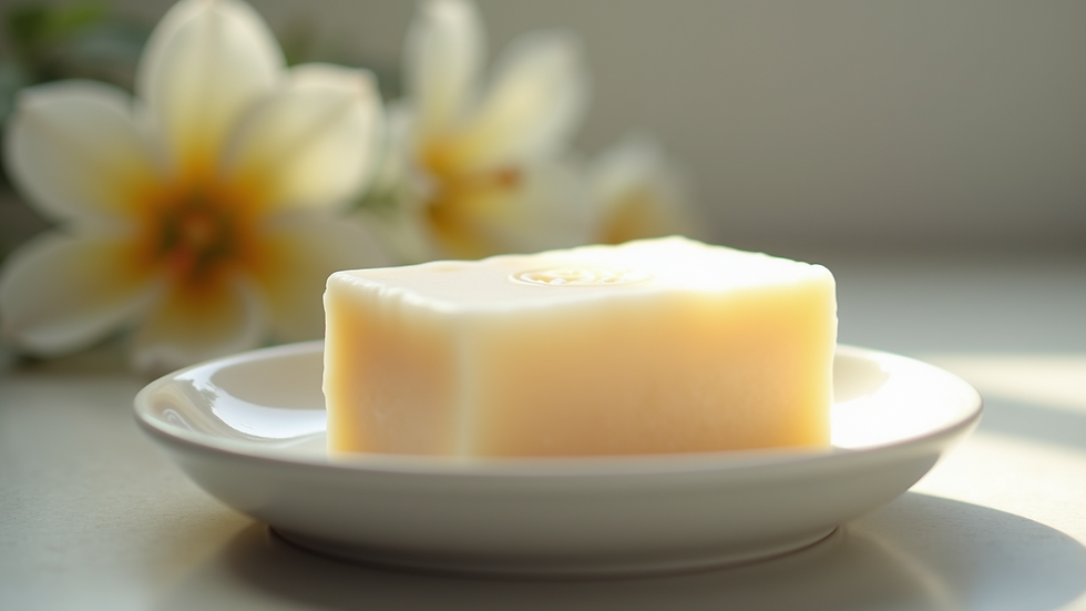Eye-level view of a soap dish holding a bar of unscented goat milk soap