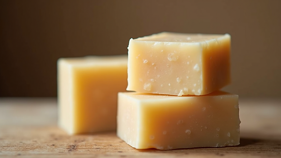 Close-up view of natural soap bars stacked on a wooden surface