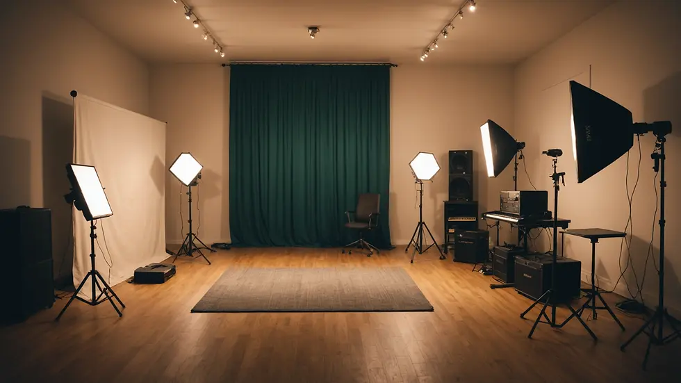 Eye-level view of a cozy audition space with a backdrop and lighting setup