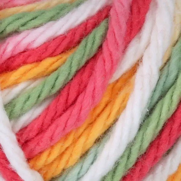 lily sugar'n cream original yarn in the colour mango madness ombre, a mix of white with brighth pink, yellow, green