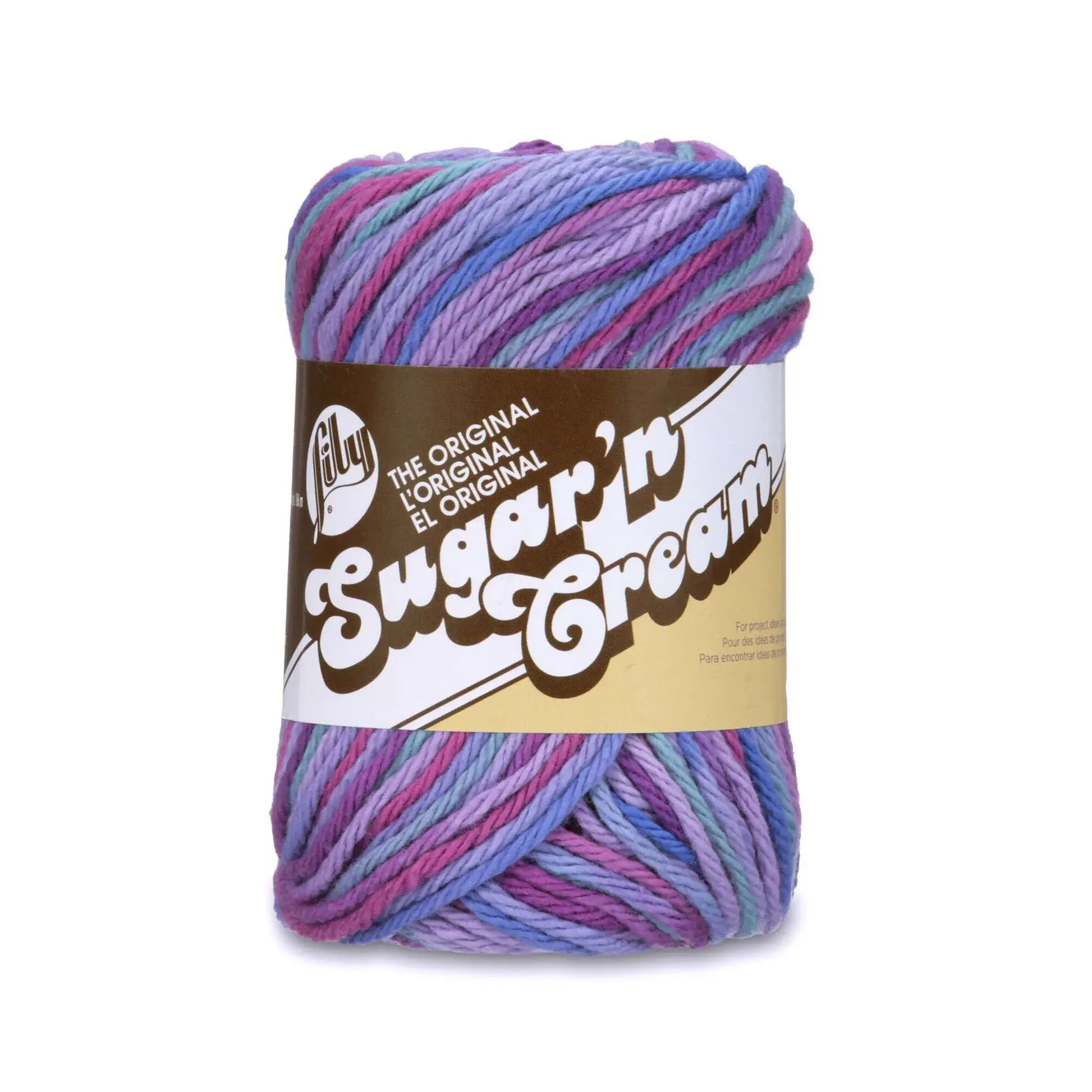 lily sugar'n cream original yarn in the colour jewels ombre, a mix of purples, teal, and blue