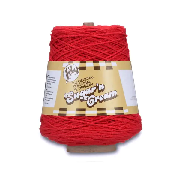 lily sugar n' cream cone yarn in the colour red, a beautiful bright red