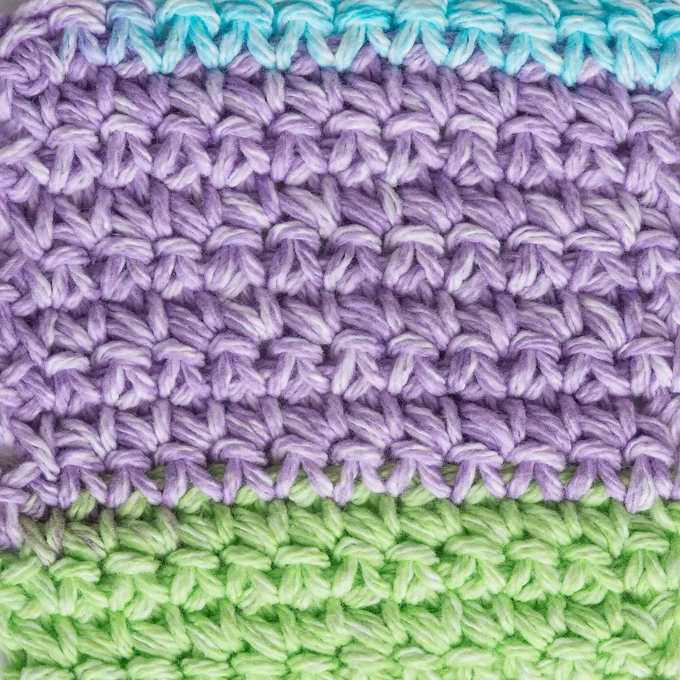 Thumbnail: lily sugar n' cream stripes yarn in the colour violet stripes, a mix of light purple, lime green, white and light teal