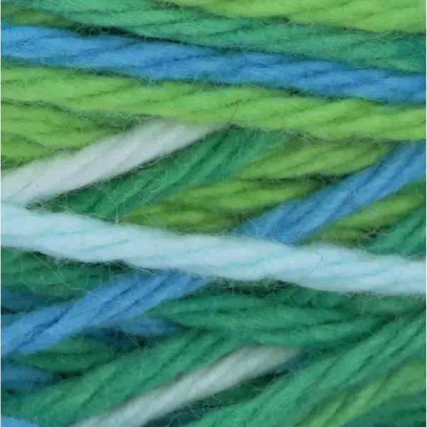 lily sugar n' cream cone yarn in the colour emerald energy ombre, a mix of white, light green and bright teal
