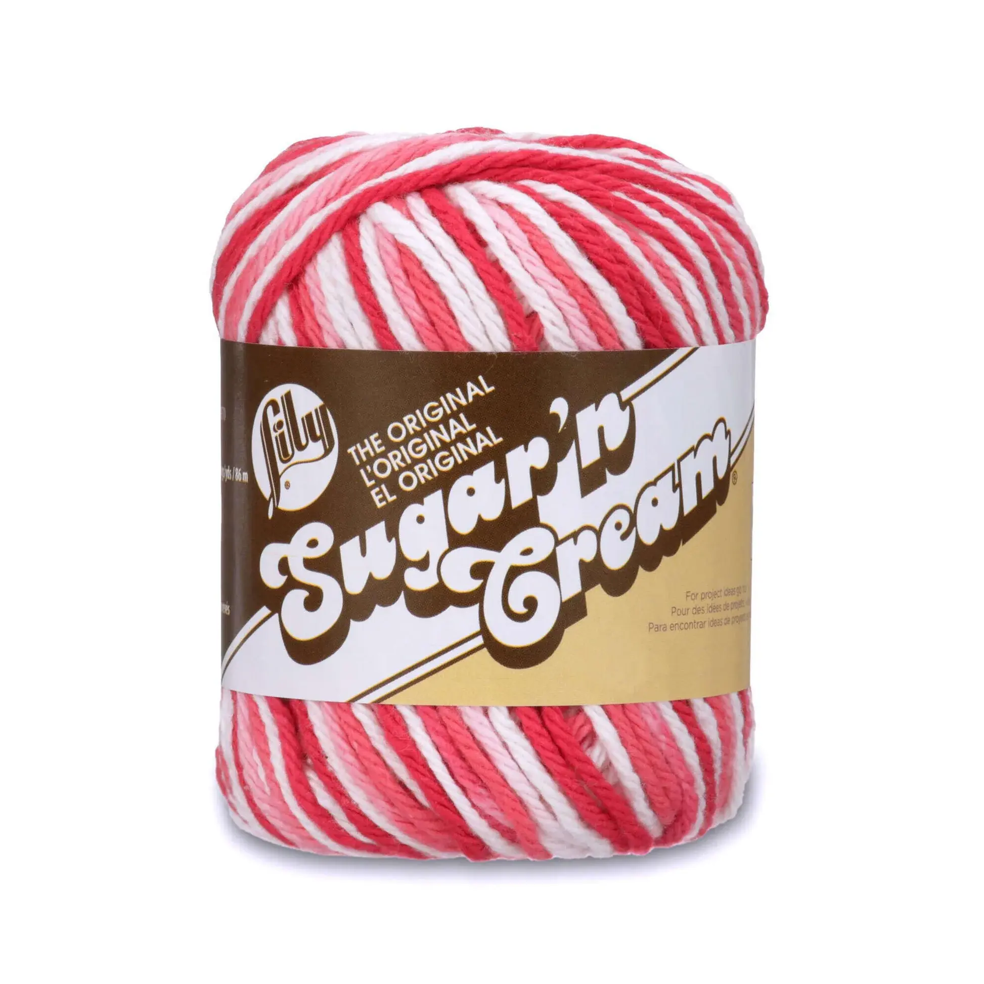 lily sugar'n cream original yarn in the colour azalea ombre, a mix of bright red, soft pink, and white