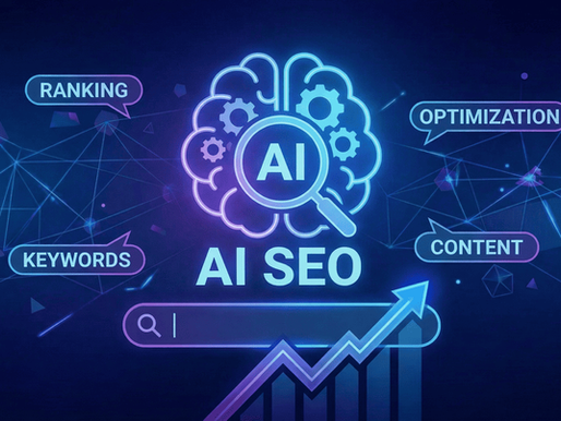 AI SEO concept illustration showing artificial intelligence optimizing search rankings, keywords, content, and website growth