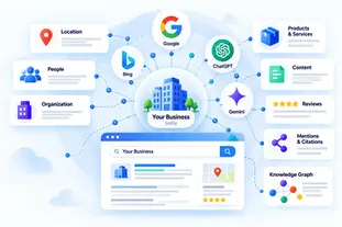 Entity SEO illustration showing how Google, ChatGPT, Bing, and Gemini connect business entities with locations, products, services, reviews, content, brand mentions, and knowledge graphs.