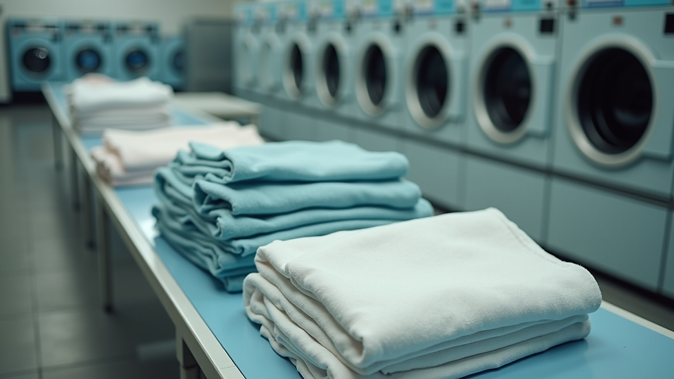 High angle view of a laundromat folding table with freshly folded clothes