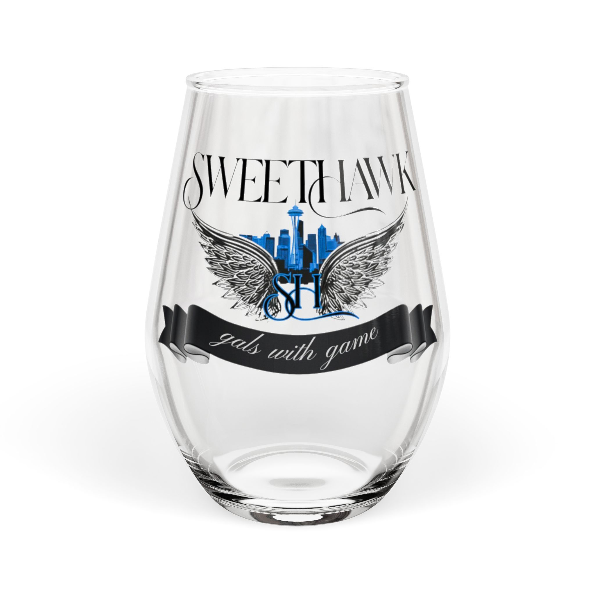 Sweethawk Stemless Wine Glass | Blue Seattle Skyline | 11.75 oz