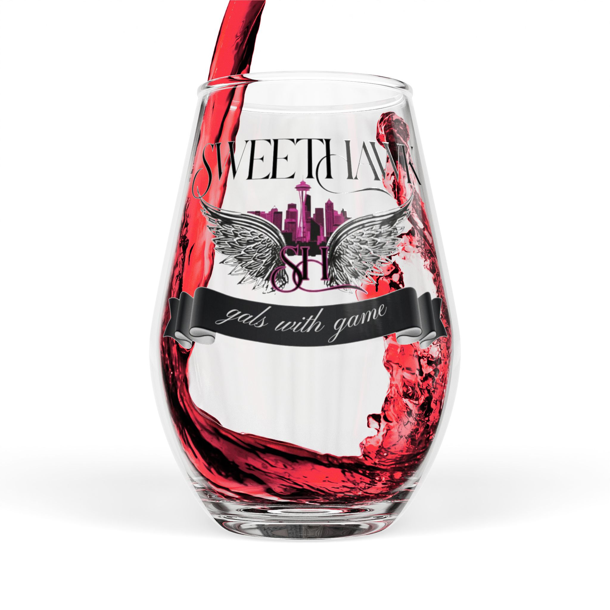 Sweethawk Stemless Wine Glass | Pink Seattle Skyline | 11.75 oz