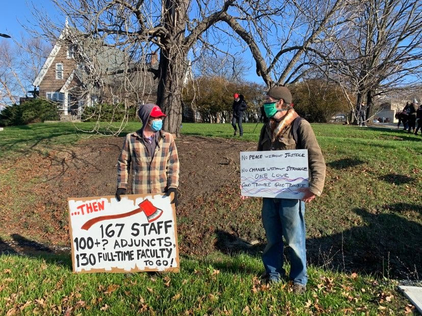 Brody Burroughs, lecturer in the Department of Art, and John Burger, lecturer in the Department of Health Promotion and Physical Education, said they attended the rally to demonstrate their dissatisfaction with the administration's handling of faculty, staff and program cuts. (Madison Fernandez/Ithaca Week)