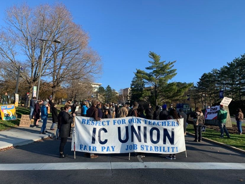 Approximately 100 people attended the Rally to Open the Books Nov. 14 at Ithaca College. The IC Union refers to contingent faculty members, who are most at-risk of losing their jobs due to the order the college handles terminations according to the Ithaca College Policy Manual. (Madison Fernandez/Ithaca Week)