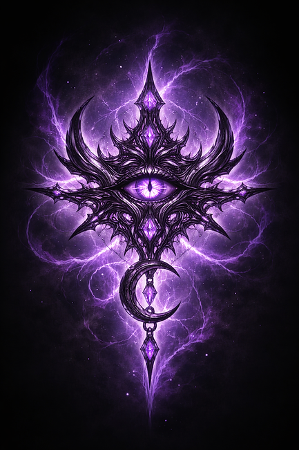 “The Chaos Princess dark fantasy sigil featuring a glowing violet eye, ornate black arcane design, crescent moon, and swirlin
