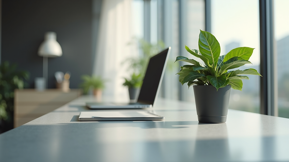 Eye-level view of a modern workspace with a focus on a sleek desk and a plant