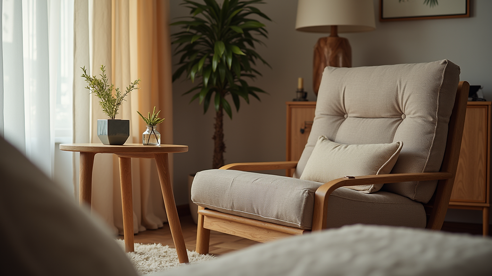 Eye-level view of a cozy living room with a comfortable chair and a small table