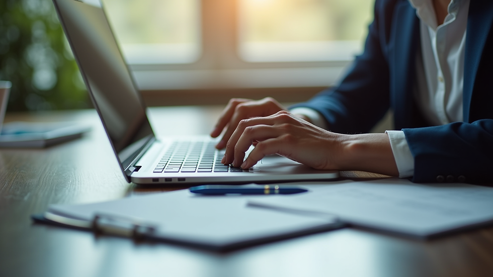 Close-up view of a translator working on a laptop with documents