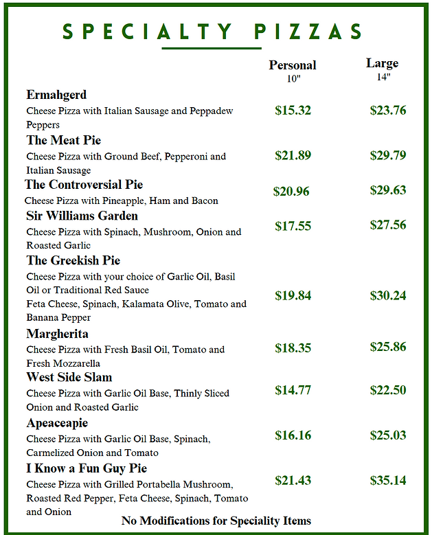 Pizza menu