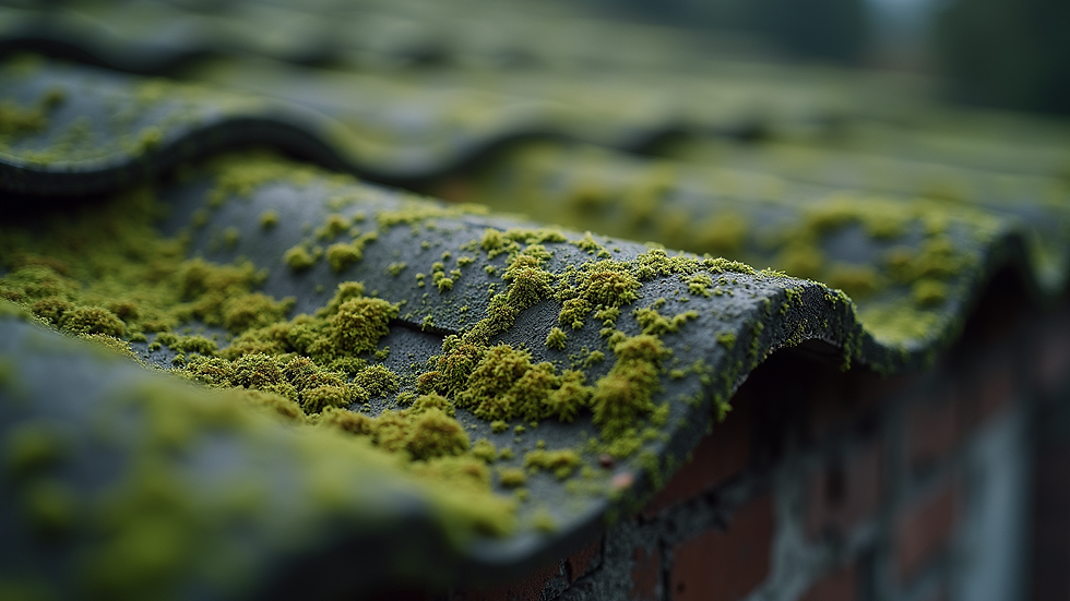 High angle view of a roof with visible moss and algae growth