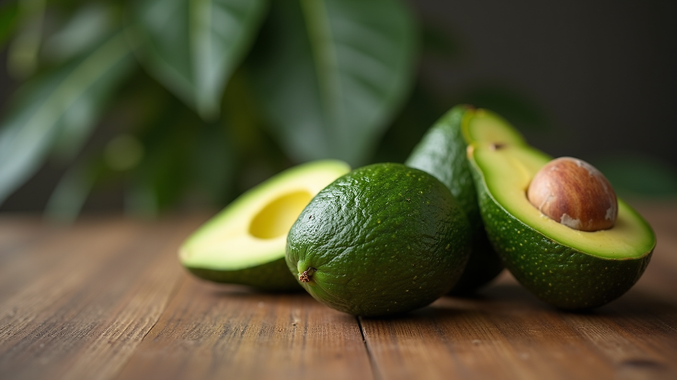 Close-up view of ripe avocados on a wooden table