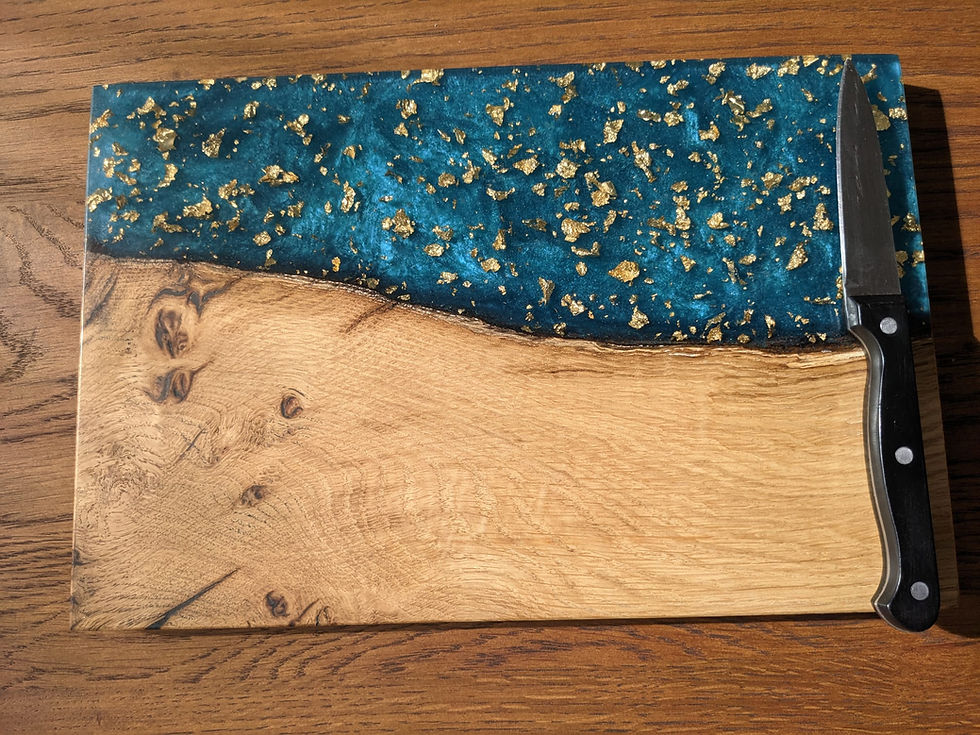 Thumbnail: Oak and blue chopping board with gold flakes.