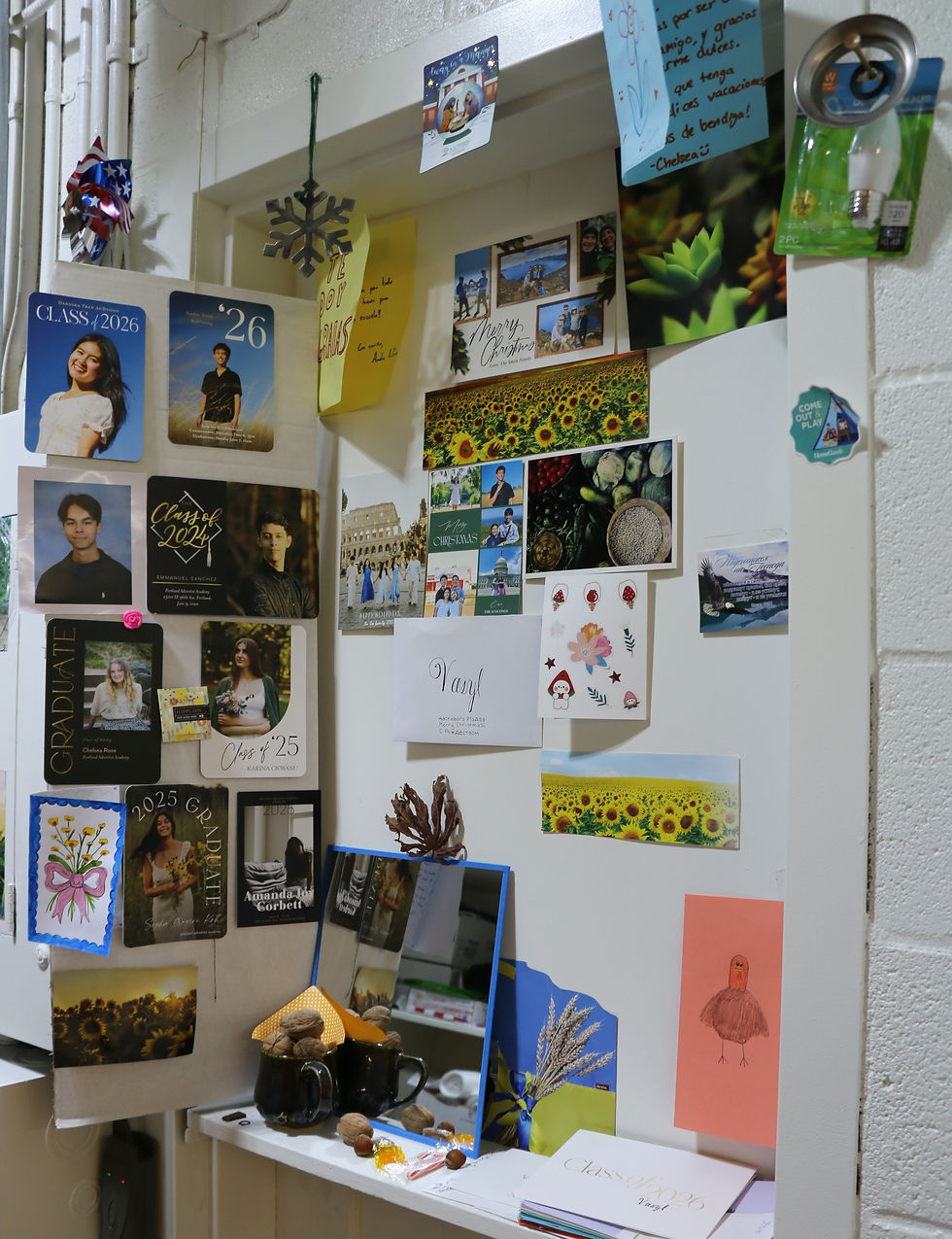 Loved by the students, Vasyl's janitor closet is filled with notes, cards and graduation announcements from those whose lives he's touched.