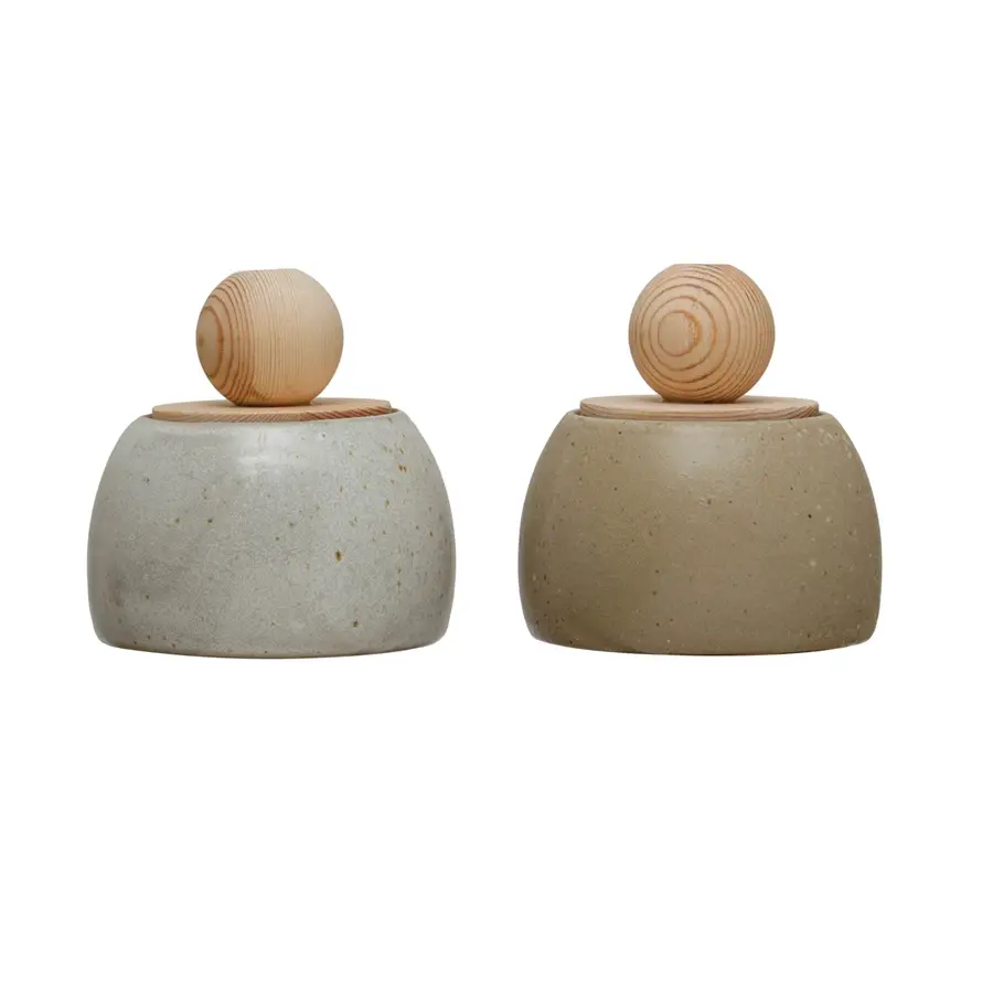Round Stoneware Jar w/ Wooden Lid