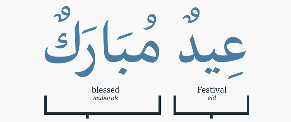 Phrase: عيد مبارك  Transliteration: ʿĪd Mubārak  Meaning: “Blessed Eid” or “May your Eid be blessed”