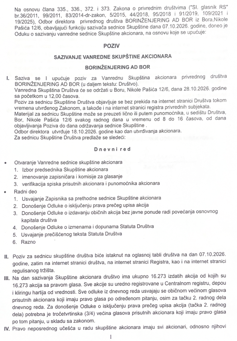 Sazivanje vanredne skupštine akcionara 28.10.2026.