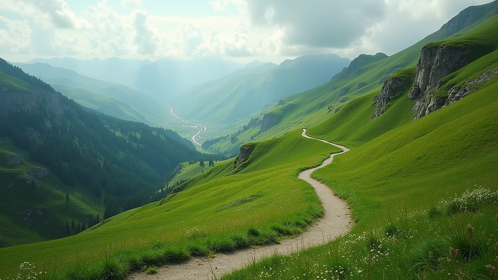Wide angle view of lush green hills with a winding hiking path