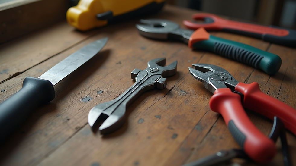 High angle view of maintenance tools arranged on a wooden surface