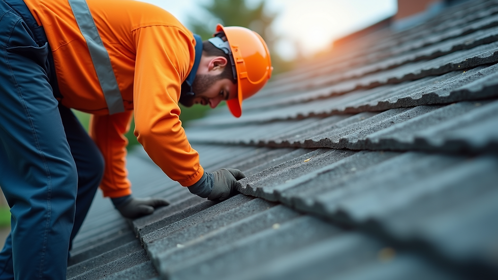 Close-up view of a maintenance professional inspecting a roof