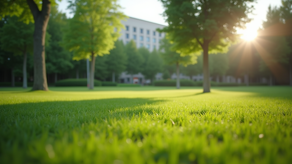 Eye-level view of a well-maintained outdoor area with grass and trees