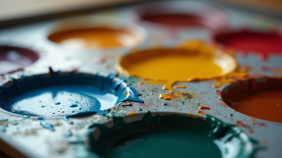 Eye-level view of a painting palette with vibrant colors
