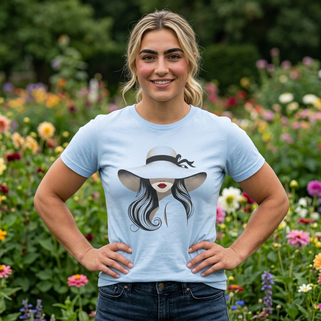 Stylish Woman in Wide-Brim Hat T-Shirt | Fashion Illustration Tee