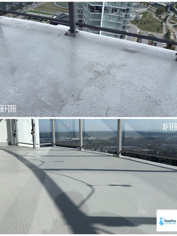 Before and after comparison of curved high-rise condo balcony concrete floor cleaned using controlled pressure washing and extraction.