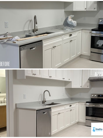 Before and after split screen of a kitchen. The top half shows white cabinets and countertops covered in building materials and dust. The bottom half reveals the completely clean sink, quartz counters, and stainless steel dishwasher.