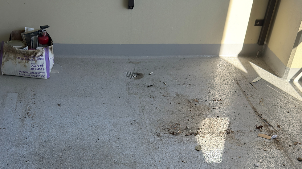Dirty balcony floor in Burnaby condo with dust, stains, and debris before move-out cleaning