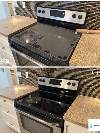 Before and after photos of a black glass-top kitchen stove showing heavy grime removal and the restored spotless finish.