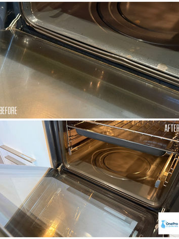Before and after of a dirty oven interior and glass door scrubbed clean.
