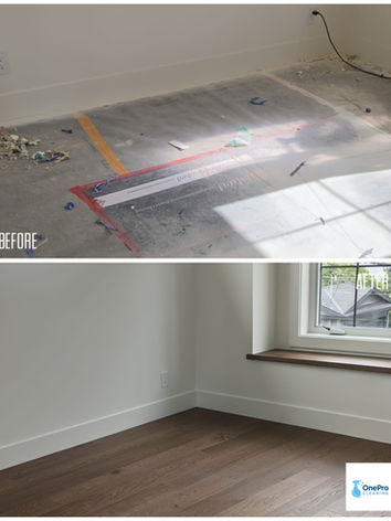 Before and after hardwood floor post-construction deep cleaning in Richmond, BC.
