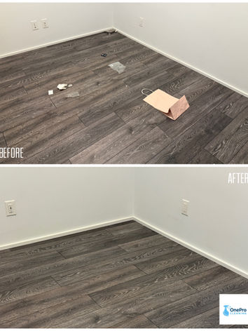 Before and after showing a bedroom floor cleared of abandoned trash and thoroughly cleaned.