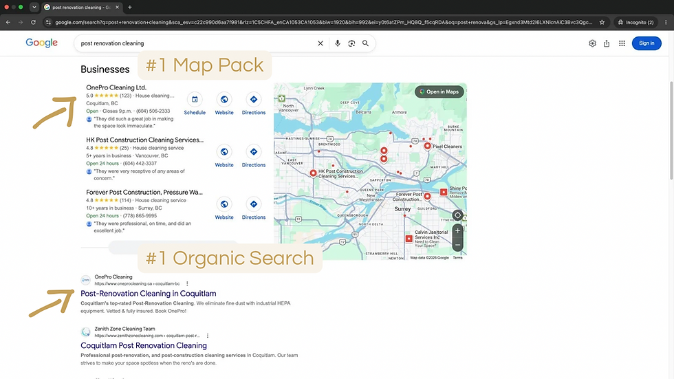 Google Search results page screenshot demonstrating #1 Local SEO rankings for OnePro Solutions client in Coquitlam. It highlights position #1 in the Google Map Pack and position #1 in organic search results for the keyword 'post renovation cleaning'. An overlay snippet on the right confirms OnePro Solutions as a top-rated local provider.