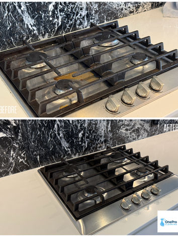 Before and after of a greasy gas stovetop deep cleaned and polished in a Burnaby kitchen.