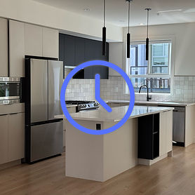 Modern kitchen in Metro Vancouver with clock icon overlay—symbolizing recurring cleaning service for a consistently clean home on your schedule.