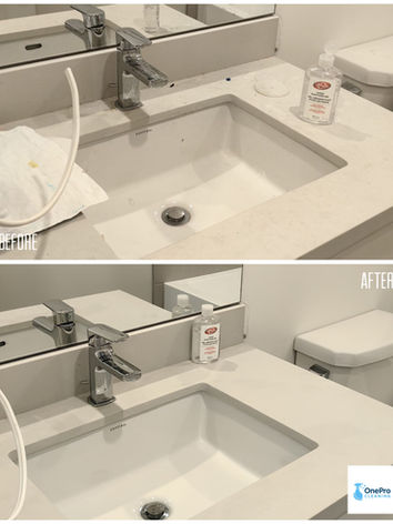 Before and after view of bathroom undermount sink vanity covered in drywall dust then detailed spotless.