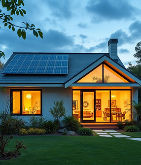 A sustainable smart home with solar panels on the roof, energy-efficient lighting indoors,