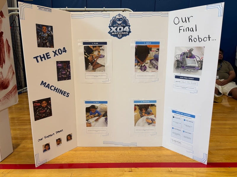 The X04 Machines tri-fold board showing their final robot.