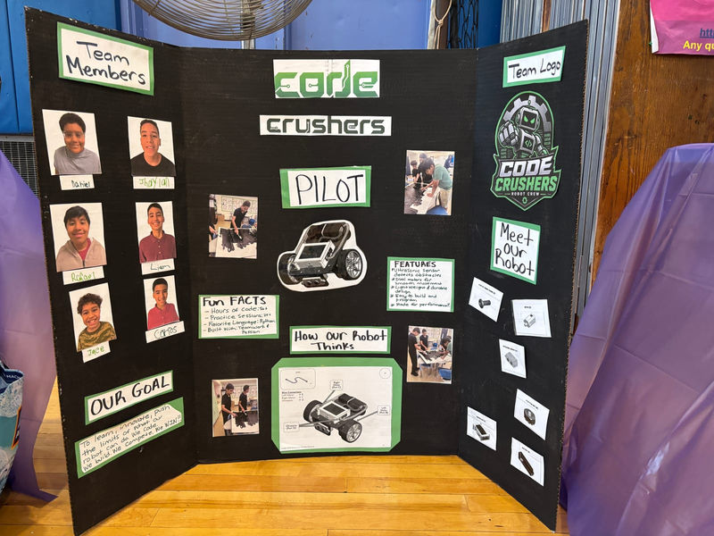 The Code Crushers tri-fold board about their Pilot robot.